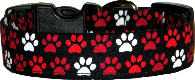 Red & White Paw Prints Black Dog Collar